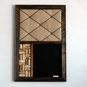 French Memo Board, Wine Cork board & Chalkboard, Farmhouse Decor, Kitchen Wall Organizer, Burlap Decor, Rustic Decor, Message Board
