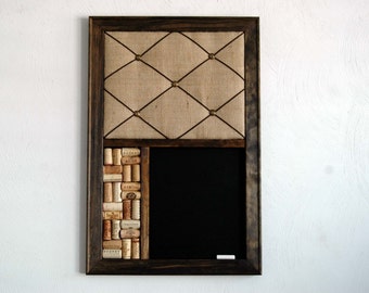 Rustic Farmhouse Wall Organizer, Burlap Memo Board, Wine Cork & Chalkboard or Whiteboard Dry Erase