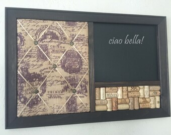 Italian Decor, Wine Corkboard, Chalkboard & Burlap French Memo Board Wall Organizer, Kitchen Organizer, Wine gift, Bulletin board