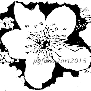 May include: A black and white floral design featuring a large flower with detailed petals and stamens. The flower is set against a black background with a scalloped border. The text "pgfiber2art2015" is visible.