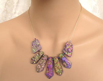 Titanium Rainbow Druzy Agate Graduated Stick Necklace - Gold-Plated Beading Chain