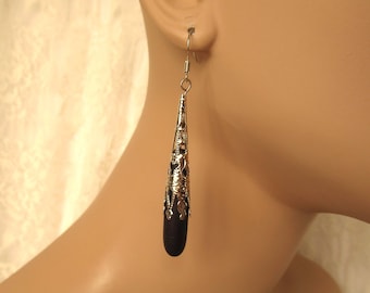 Jet Black Sea Glass Teardrop & Silver Filigree Cone Earrings