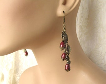 Burgundy Swarovski Pearl Teardrops & Brass Leaves Earrings - Antique Brass