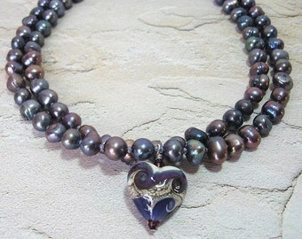 Double-Strand Peacock Freshwater Pearl Necklace with Artisan Lampwork Heart Pendant