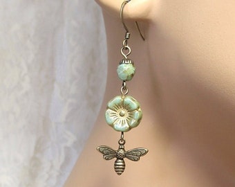 Green Czech Glass Flower & Antique Brass Bee Earrings