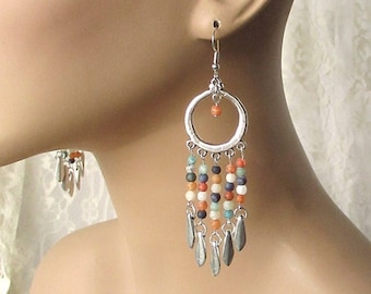 Silver & Multi-colored Agate Hoop-Dagger Chandelier Earrings - Silver-plate