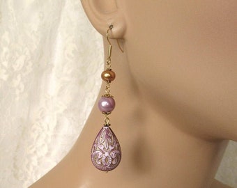 Lavender & Gold Pearl Teardrop Earrings - Gold-plated, Resin Teardrop Beads