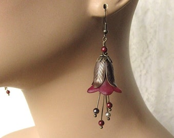 Burgundy Lucite Flower Earrings - Swarovski Pearls, Vintaj Natural Brass, Antique Brass, Bronze, Maroon, Dark Red