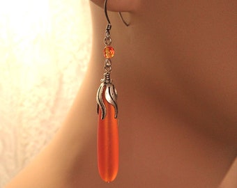 Red Hot Lava Sea Glass Teardrop & Antique Silver Earrings - Swarovski Crystals