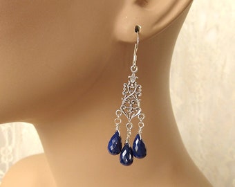 Lapis Lazuli Teardrop Chandelier Earrings on Antiqued Sterling Silver Art Nouveau Setting