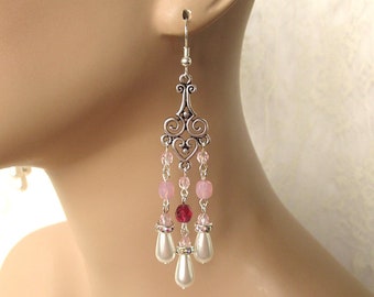 Pearl Teardrop & Pink Czech Glass Chandelier Earrings - Silver-plated