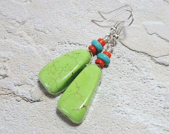 Lime Green Howlite & Coral Earrings - Silver-plate