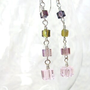 Pink & Green Crystal Cube Drop Earrings - Silver-filled