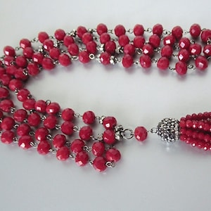 Long Cranberry Red Beaded Chain Tassel Necklace - Gunmetal, Rhinestones
