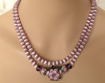 Double-strand Mauve Cat's Eye & Floral Lampwork Focal Necklace - Lavender