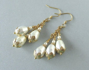 Ivory Swarovski Pearl Teardrop & Gold Earrings - Gold-plate, Bridal Earrings, Wedding Earrings