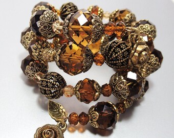 Chunky Golden & A-m-b-e-r Crystal Antique Gold Wrap Bracelet - Antique Gold-plate, Coil Bracelet, Cuff Bracelet, Memory Wire