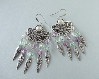 Aztec Chandelier Earrings - Rainbow Fluorite & Tribal Shield Drops - Antique Silver-plate, Ethnic Earrings