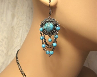 Turquoise & Gunmetal Chandelier Earrings