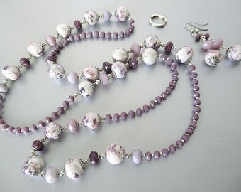 Mauve Speckled Ceramic & Czech Glass Beaded  Adjustable Necklace and Earrings Set - Silver-plate, Twister Clasp, Shortener Clasp