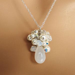 Bridal Necklace Earring Set: Chalcedony, Swarovski Crystal, Pearl, Sterling Silver