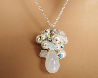 Bridal Set - Milky White Chalcedony Teardrop Pendant with Swarovski Crystal & Pearl Cluster Necklace-Earrings - Sterling Silver