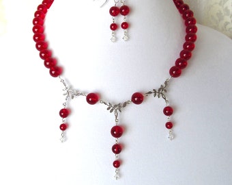 Siam Red Swarovski Crystal Globes & Sterling Silver Necklace Set