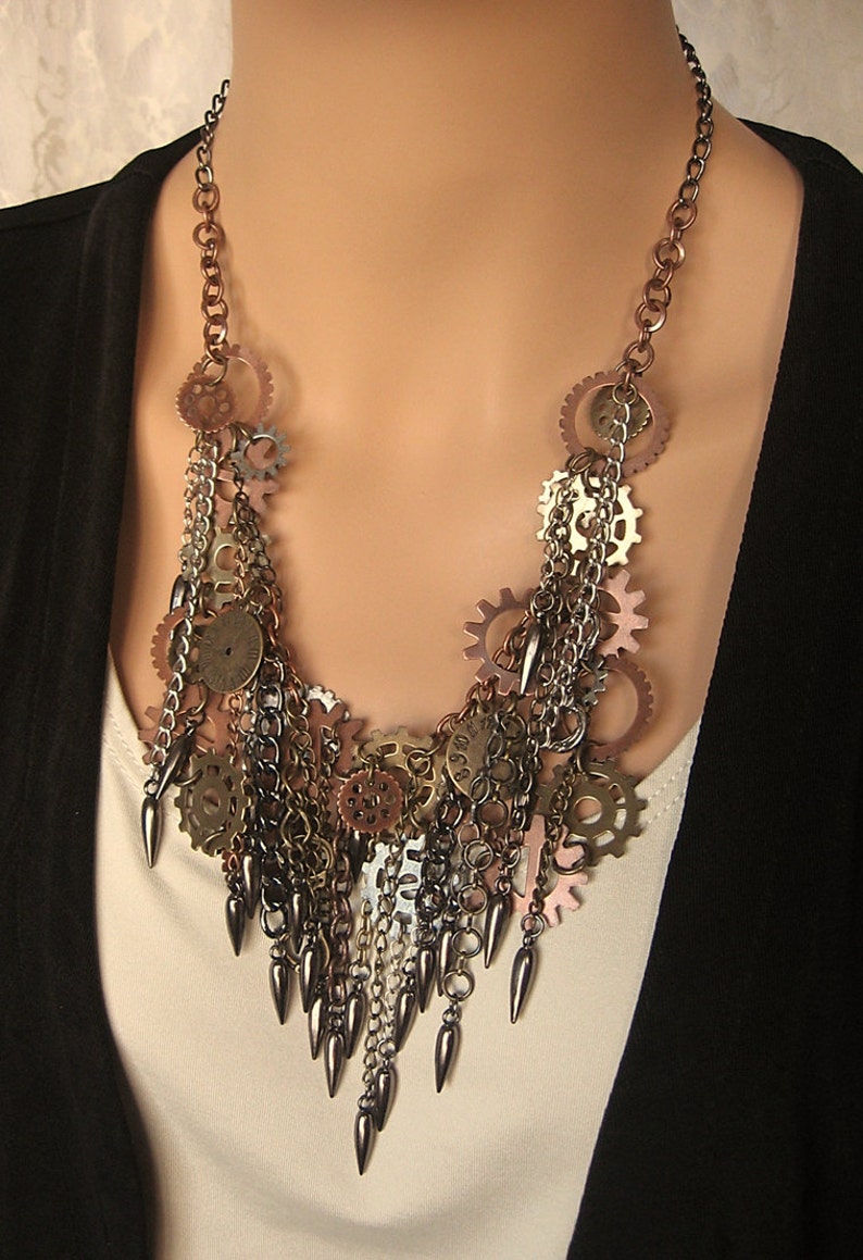 Cosplay Mixed Metal Steampunk Bib Necklace /& Earrings Set Welcome to the Machine