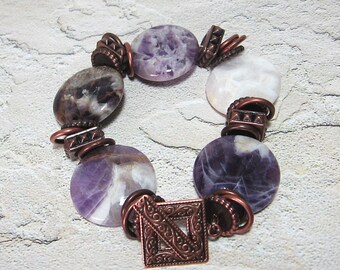 Chevron Amethyst Coin Bracelet - Antiqued Copper - February Birthstone