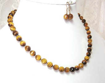 Tigereye Necklace & Earrings Set - 14K Gold-filled