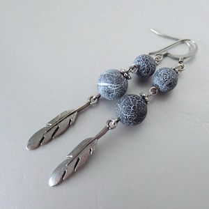 Denim Blue Agate Feather Earrings: Antique Silver Boho Style