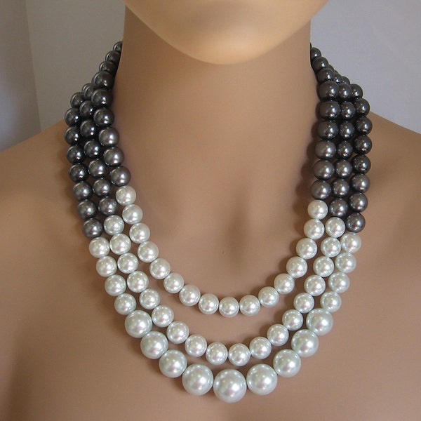 Multi-Strand Black & White Pearl Ombre Necklace - FREE Matching Earrings