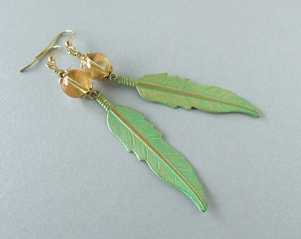 Green Patina Feather Vintaj Brass & Swarovski Earrings - Lime Green, Neon Green