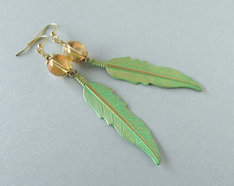 Green Patina Feather Earrings: Vintaj Brass & Swarovski Crystals