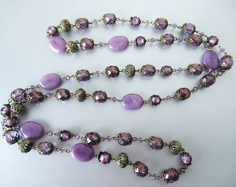 Antique Brass & Mauve Beaded Chain Necklace - Long, Adjustable