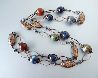 Copper & Ceramic Beaded Chain Necklace - Adjustable with Twister Shortener Clasp