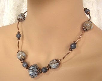 Slate Blue Necklace, Bracelet, Earrings Parure Set - Ceramic & Copper