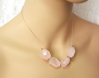 Raw Rose Quartz Necklace - Swarovski Crystals, Gold-Plated