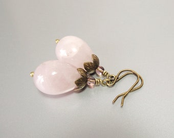 Rose Quartz Teardrop Earrings - Light Brass