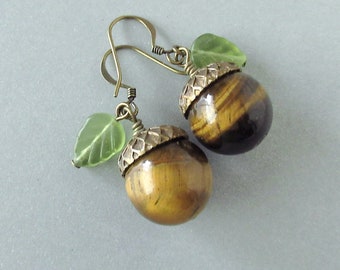 Tigereye & Antique Brass Acorn Earrings