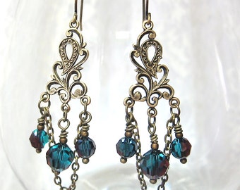 Chandelier Earrings - Swarovski Crystal Art Nouveau - Antique Brass, Teal & Burgundy