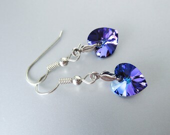 Ultra Violet Swarovski Crystal Heart Earrings - Sterling Silver