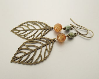 Antique Brass Leaf & Agate Earrings - Czech Glass