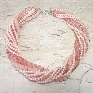Pink Multi-Strand Torsade Necklace & Earrings - Freshwater Pearls, Swarovski Crystals, Glass