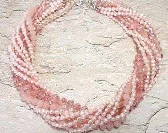 Pink Multi-Strand Torsade Necklace & Earrings - Freshwater Pearls, Swarovski Crystals, Glass