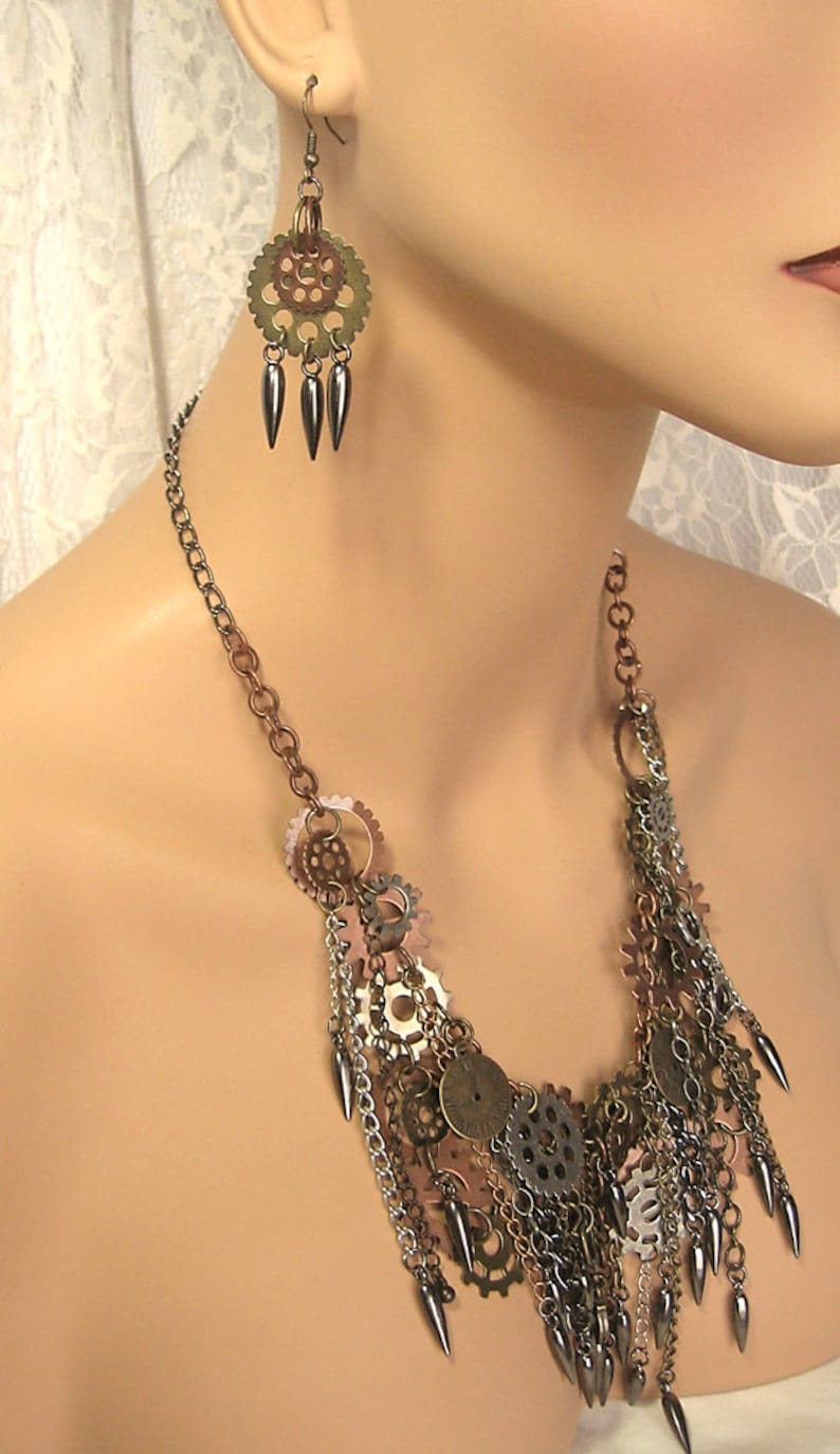 Cosplay Mixed Metal Steampunk Bib Necklace /& Earrings Set Welcome to the Machine