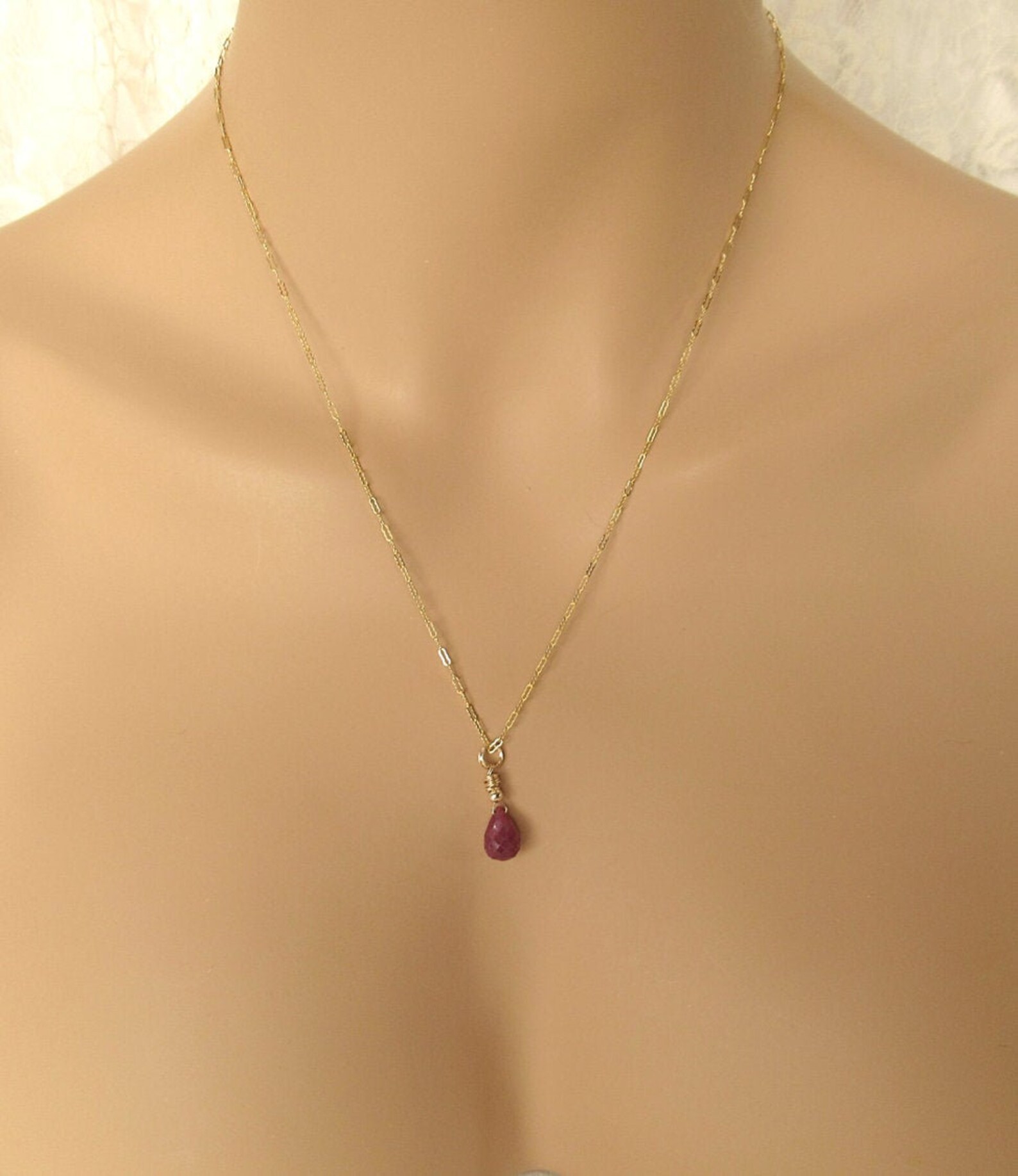 Ruby Teardrop Pendant Necklace 14K Goldfilled July Etsy