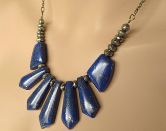 Lapis Lazuli & Pyrite Slab Necklace - Antique Brass Chain