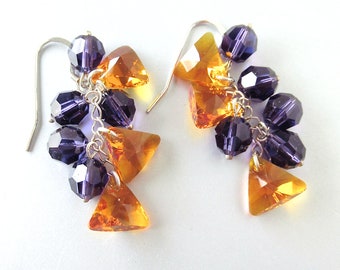 Swarovski Tangerine Triangles & Purple Velvet Crystal Earrings - Sterling Silver