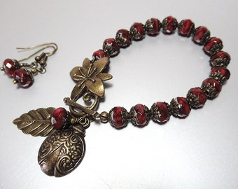 Red Czech Glass Beaded Bracelet & Earrings Set - Antique Brass